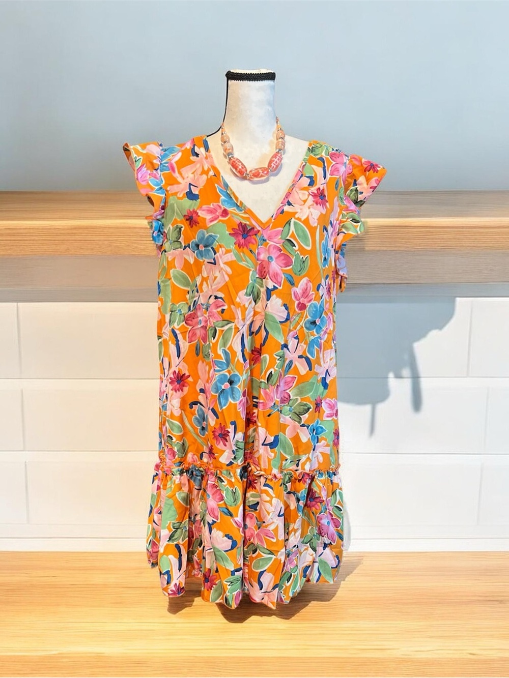 Orange Floral V-Neck Ruffle Dress